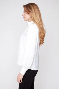 SATIN V-NECK COLLAR BLOUSE-CREME-RENUAR