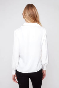 SATIN V-NECK COLLAR BLOUSE-CREME-RENUAR