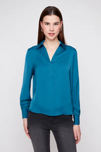 SATIN V-NECK COLLAR BLOUSE-DEEP SEA-RENUAR