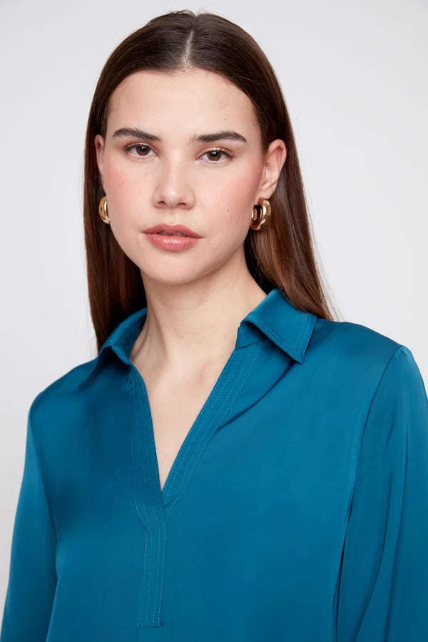 SATIN V-NECK COLLAR BLOUSE-DEEP SEA-RENUAR