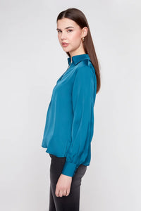 SATIN V-NECK COLLAR BLOUSE-DEEP SEA-RENUAR