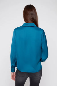 SATIN V-NECK COLLAR BLOUSE-DEEP SEA-RENUAR
