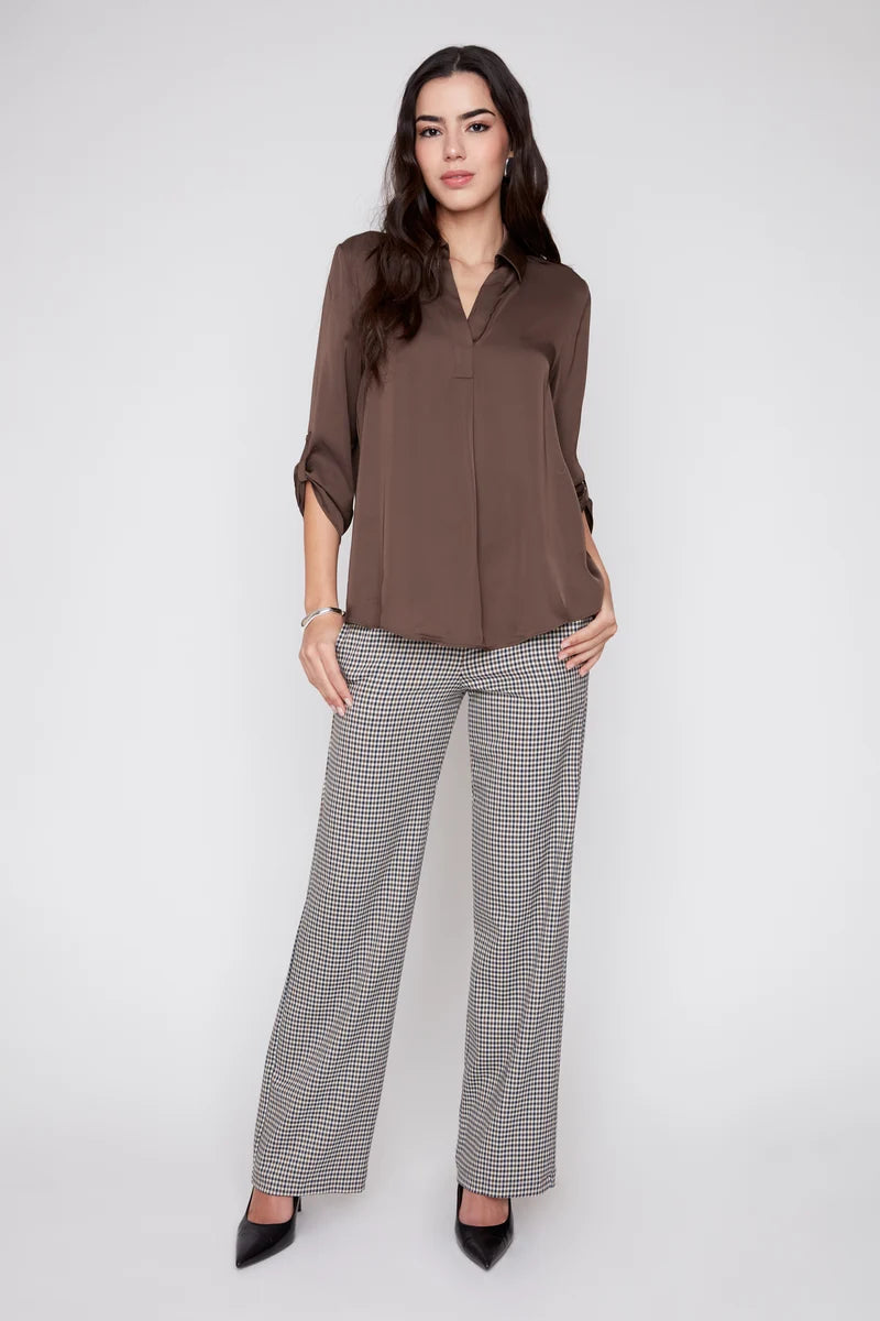 SATIN V-NECK BLOUSE-CHOCOLATE-RENUAR