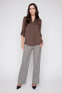 SATIN V-NECK BLOUSE-CHOCOLATE-RENUAR