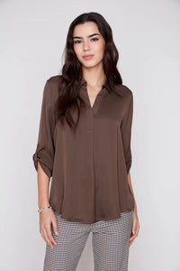 SATIN V-NECK BLOUSE-CHOCOLATE-RENUAR