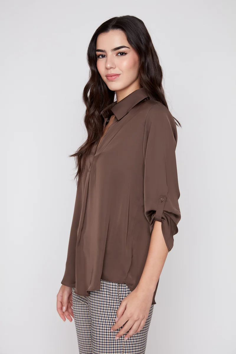 SATIN V-NECK BLOUSE-CHOCOLATE-RENUAR