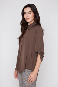 SATIN V-NECK BLOUSE-CHOCOLATE-RENUAR