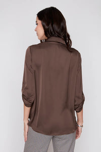 SATIN V-NECK BLOUSE-CHOCOLATE-RENUAR