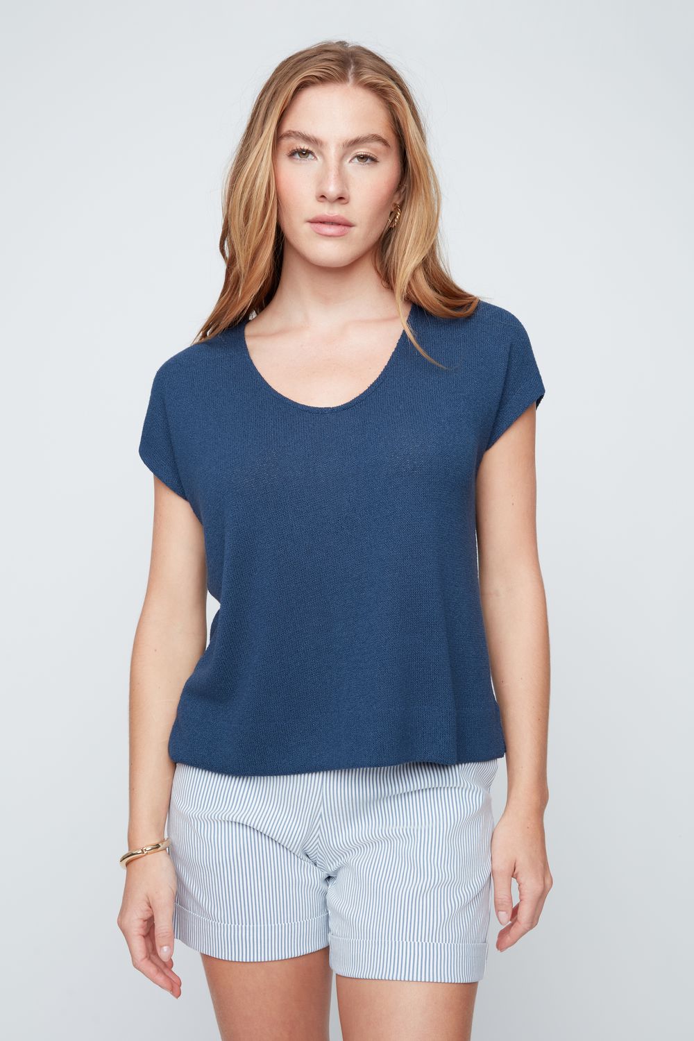 KNIT V CAP SLEEVE SWEATER-INDIGO-RENUAR