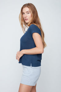 KNIT V CAP SLEEVE SWEATER-INDIGO-RENUAR