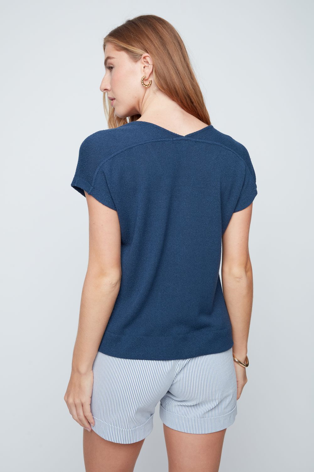 KNIT V CAP SLEEVE SWEATER-INDIGO-RENUAR