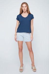 KNIT V CAP SLEEVE SWEATER-INDIGO-RENUAR