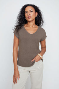 KNIT V CAP SLEEVE SWEATER-KHAKI-RENUAR