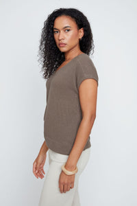 KNIT V CAP SLEEVE SWEATER-KHAKI-RENUAR