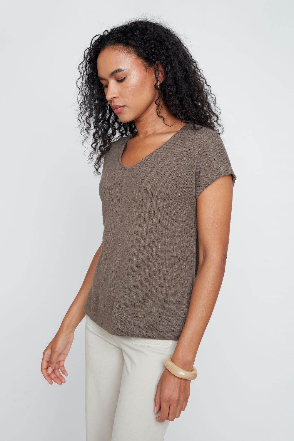 KNIT V CAP SLEEVE SWEATER-KHAKI-RENUAR