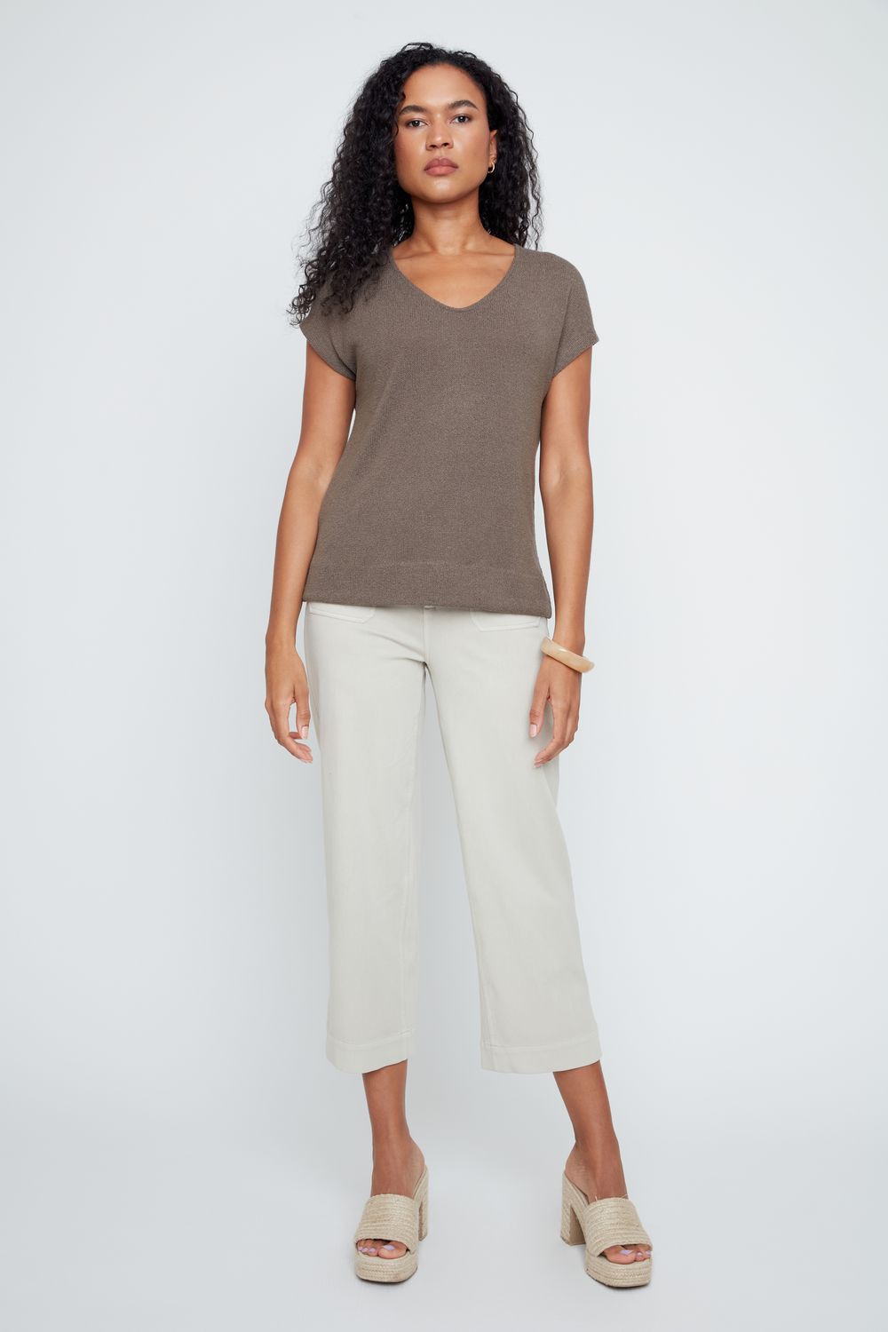 KNIT V CAP SLEEVE SWEATER-KHAKI-RENUAR