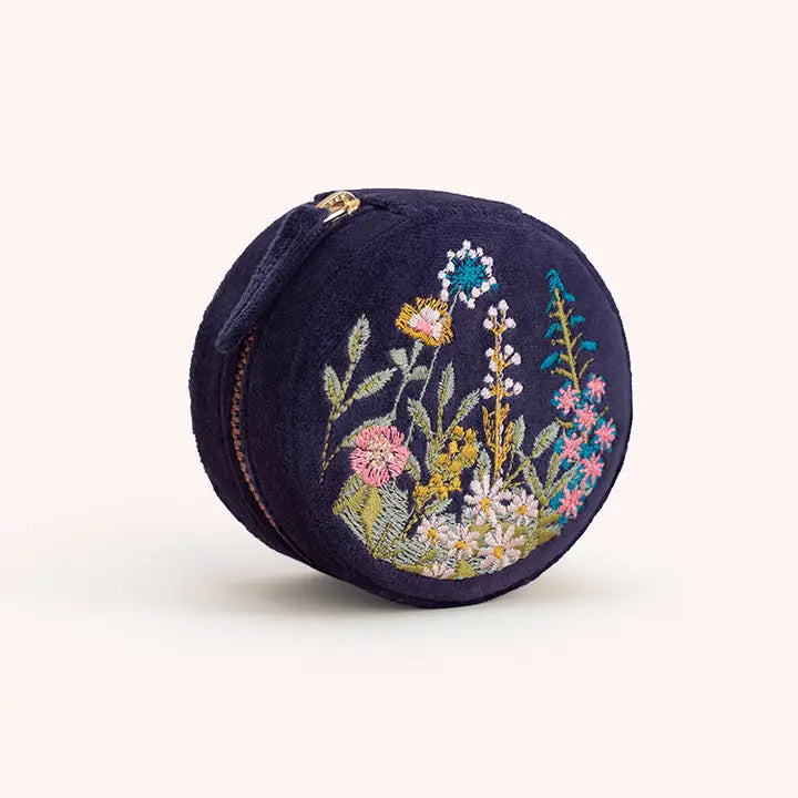 NAVY FLORAL ROUND VELVET JEWELRY BOX-POWDER