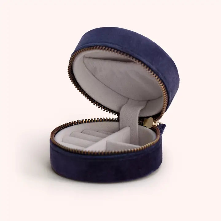 NAVY FLORAL ROUND VELVET JEWELRY BOX-POWDER