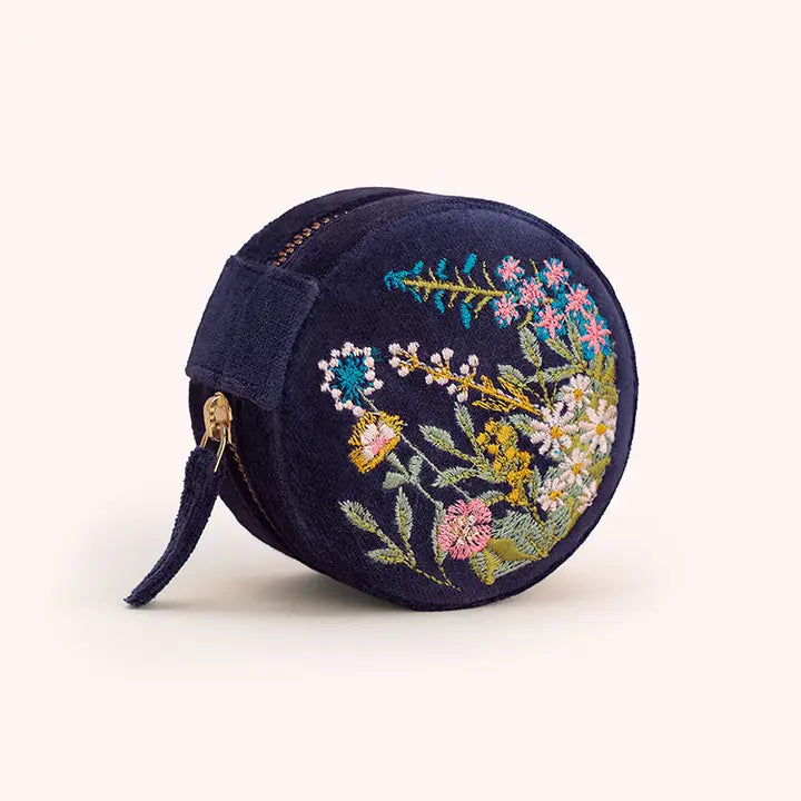 NAVY FLORAL ROUND VELVET JEWELRY BOX-POWDER