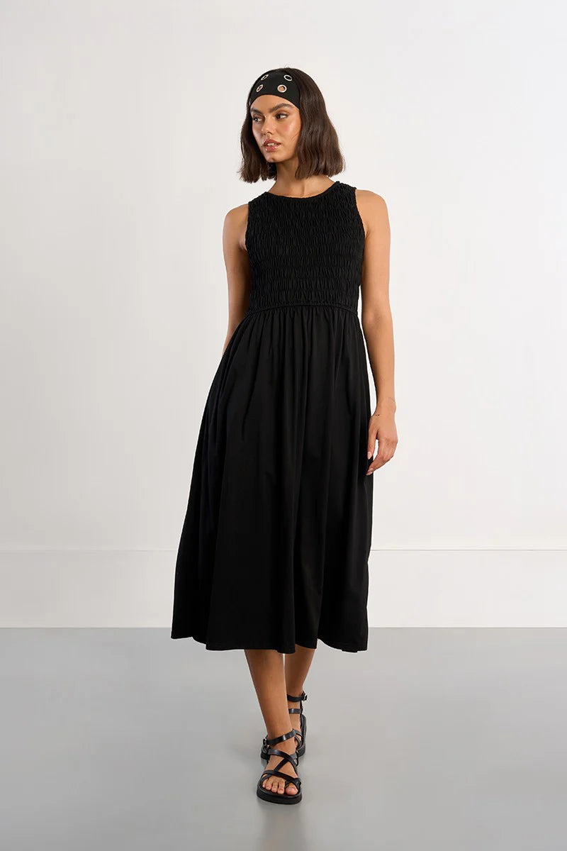 SMOCKED COTTON T DRESS-BLACK-MOLLY BRACKEN