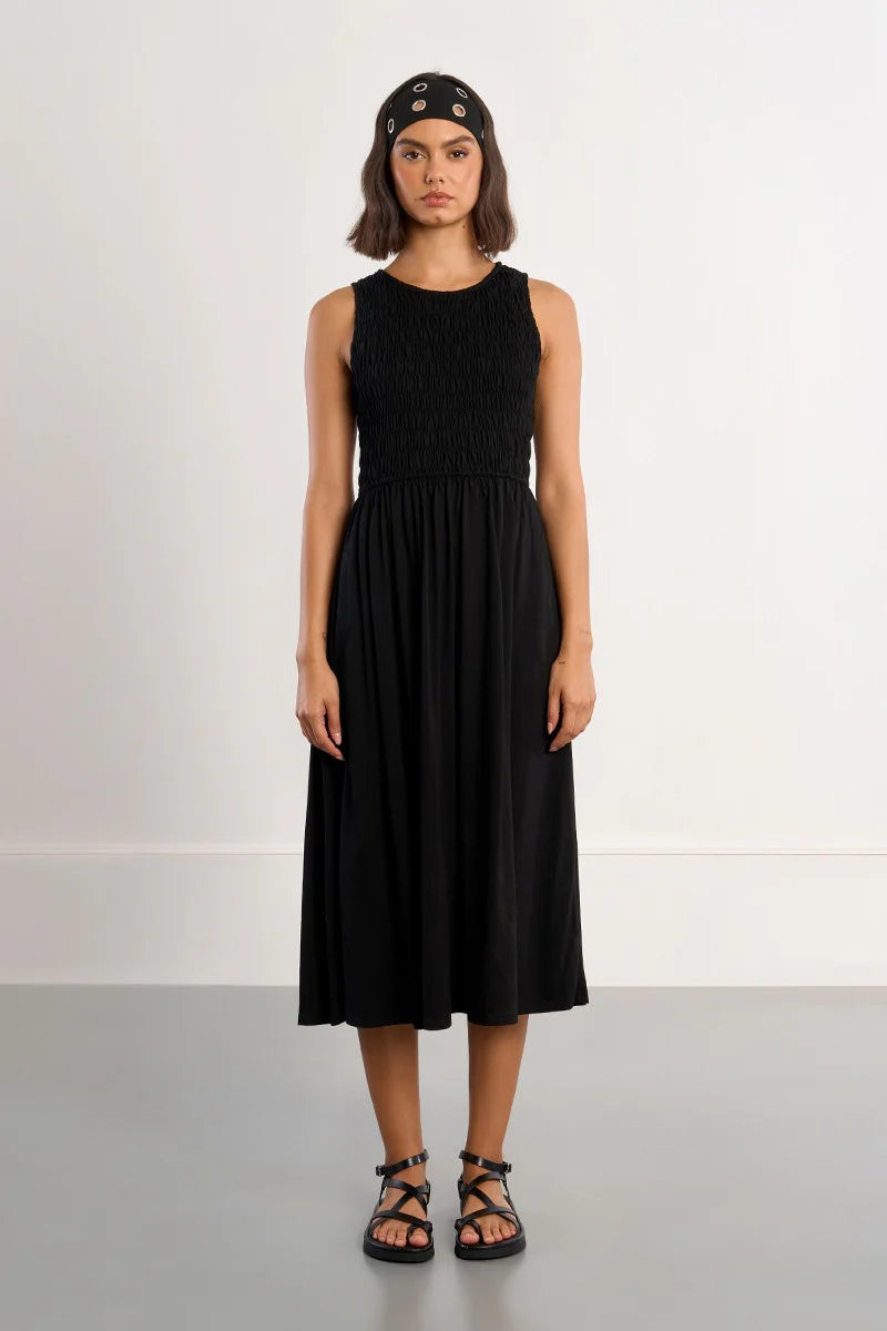 SMOCKED COTTON T DRESS-BLACK-MOLLY BRACKEN