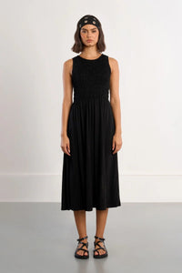 SMOCKED COTTON T DRESS-BLACK-MOLLY BRACKEN