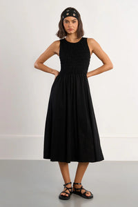 SMOCKED COTTON T DRESS-BLACK-MOLLY BRACKEN