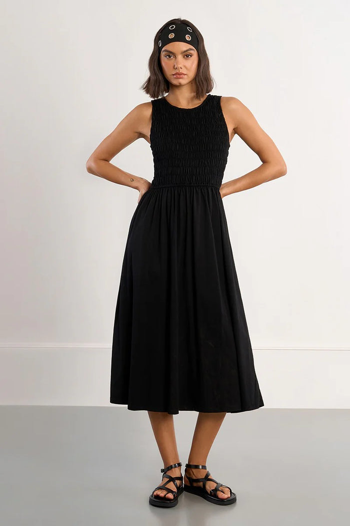 SMOCKED COTTON T DRESS-BLACK-MOLLY BRACKEN