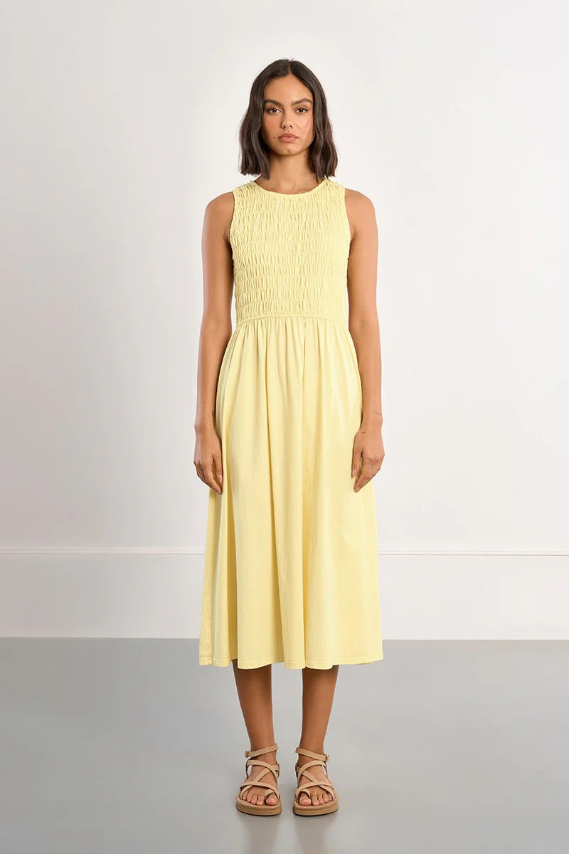 SMOCKED COTTON T DRESS-YELLOW-MOLLY BRACKEN