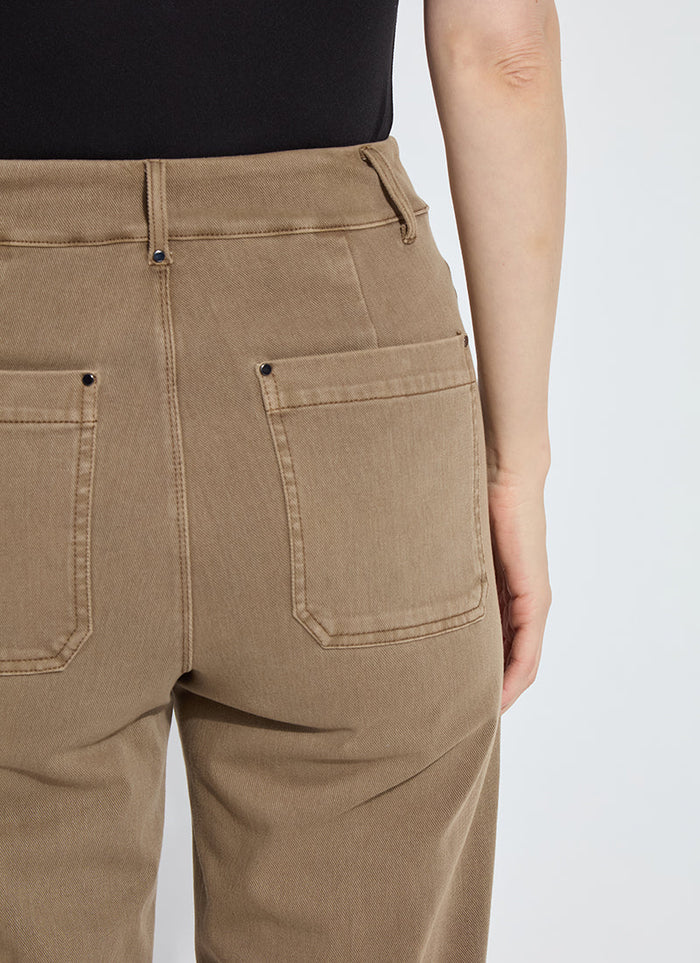 Back view of khaki wide-leg crop jeans highlighting the rear pockets