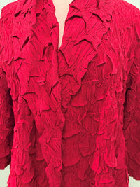 Close-up displaying rich red crinkle textured fabric and collar details
