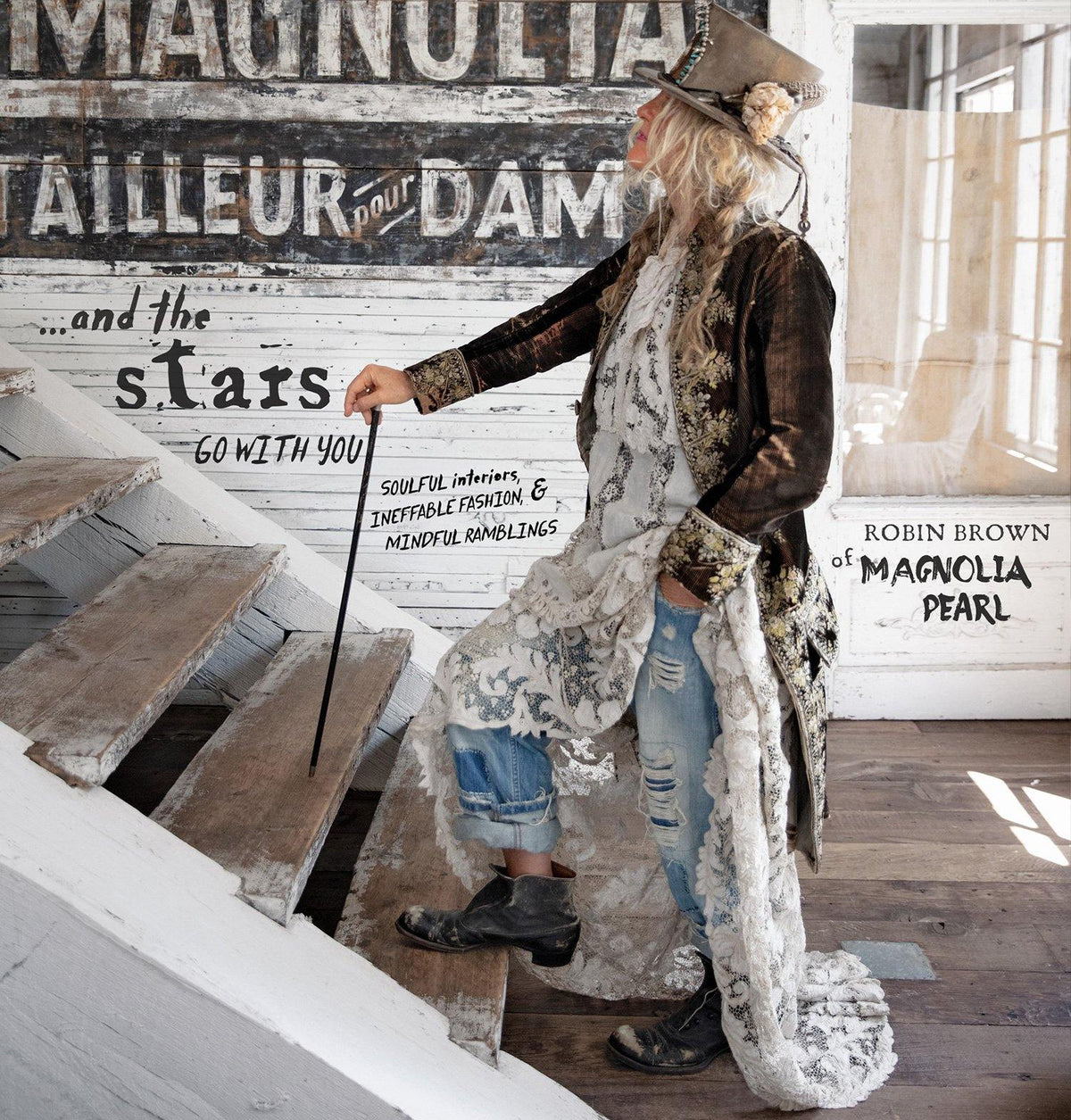 Robin Brown of Magnolia Pearl in eclectic artistic fashion by rustic vintage staircase