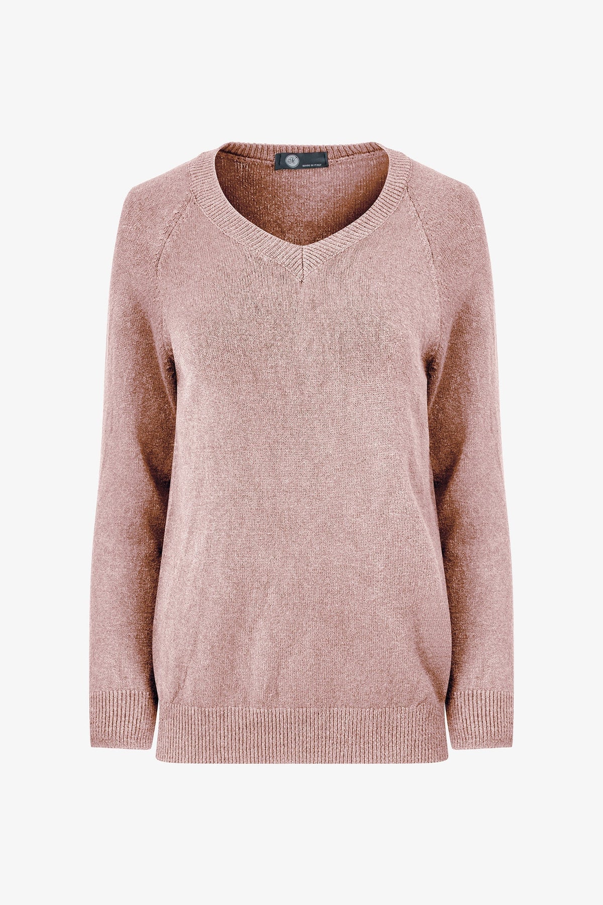 Soft rose-colored V-neck knit sweater with long sleeves for women