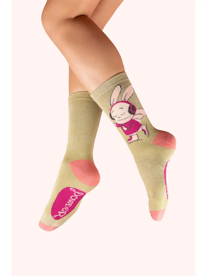 SKATING BUNNY GLITTER ANKLE SOCKS-POWDER