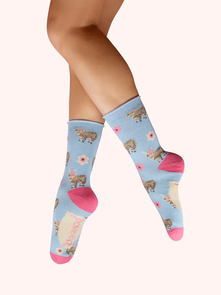 HIGHLAND COW ANKLE SOCKS-BLUE-POWDER