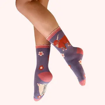 HIGHLAND COW ANKLE SOCKS-PURPLE-POWDER