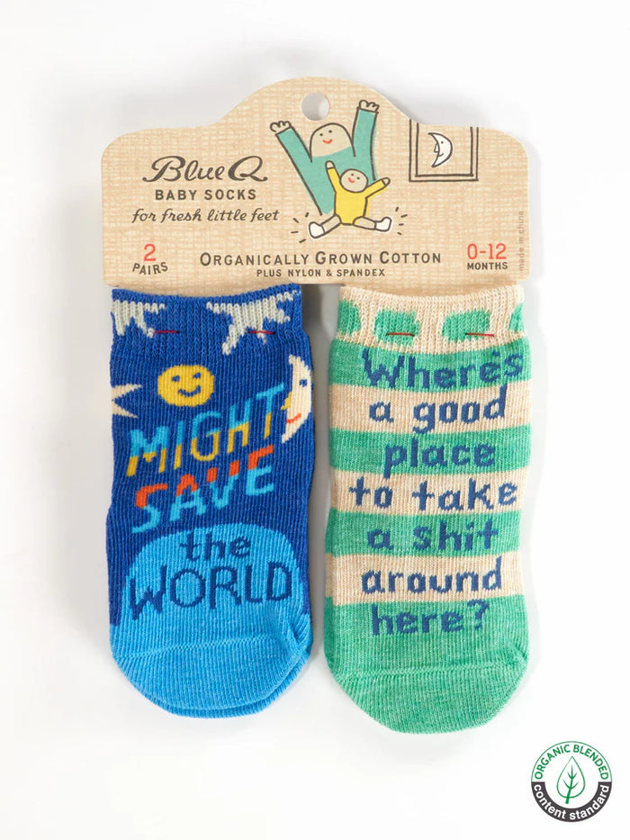 MIGHT SAVE THE WORLD BABY SOCKS-BLUE Q