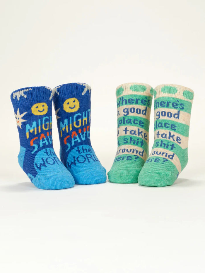 MIGHT SAVE THE WORLD BABY SOCKS-BLUE Q