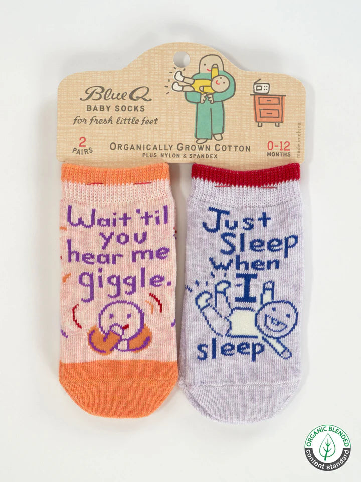 WAIT 'TIL YOU HEAR/SLEEP WHEN BABY SOCKS-BLUE Q
