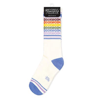 Single white gym sock with purple toes and rainbow 'BOOKWORM' text in packaging