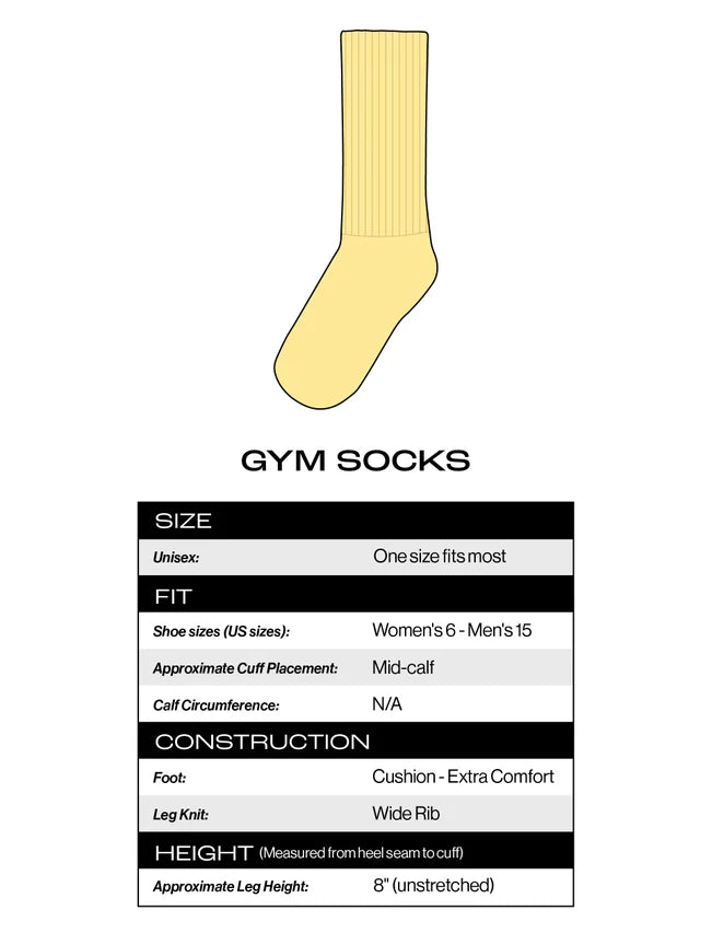 Infographic illustrating gym sock sizing, fit, and construction details