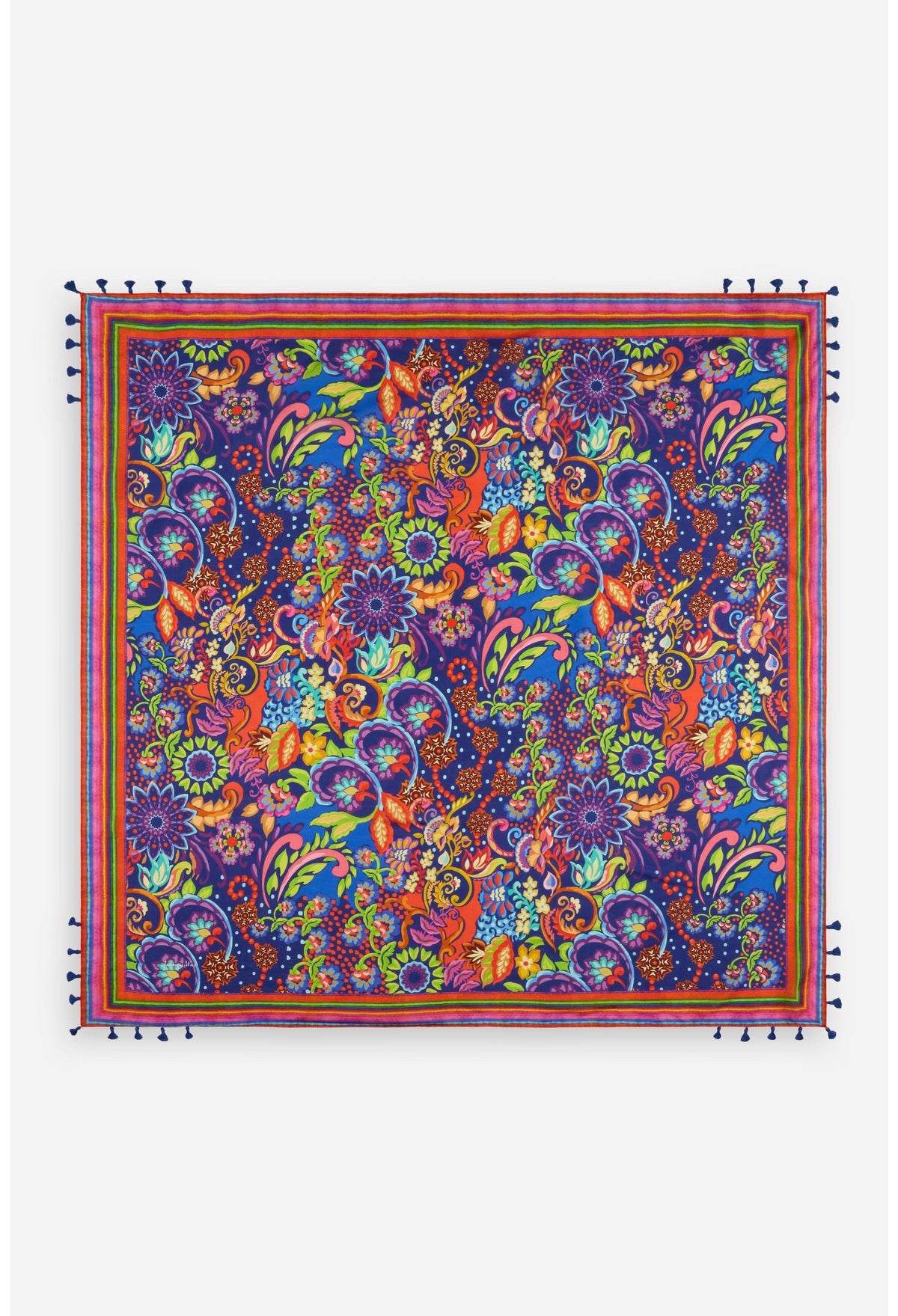 Colorful square scarf with a vivid floral pattern and blue tassel fringe