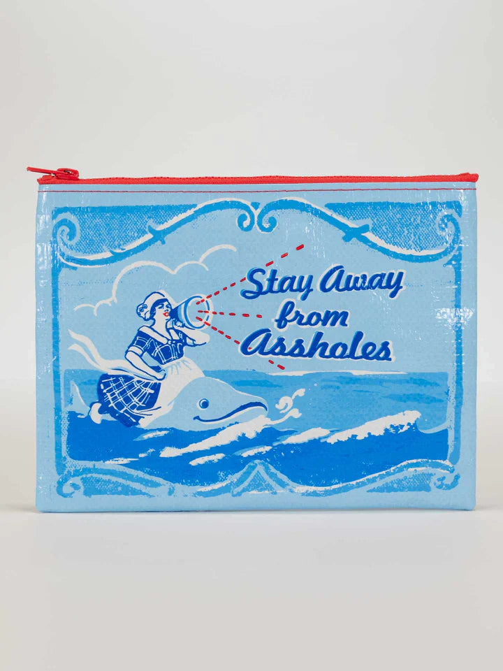 Blue zipper pouch with vintage lady riding a dolphin and text 'Stay Away from Assholes'