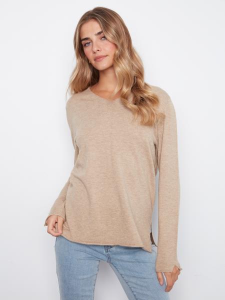 BASIC LONG SLEEVE V-NECK SWEATER-WALNUT-CHARLIE B