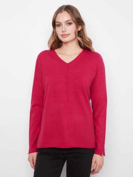 BASIC LONG SLEEVE V-NECK SWEATER-CHERRY-CHARLIE B
