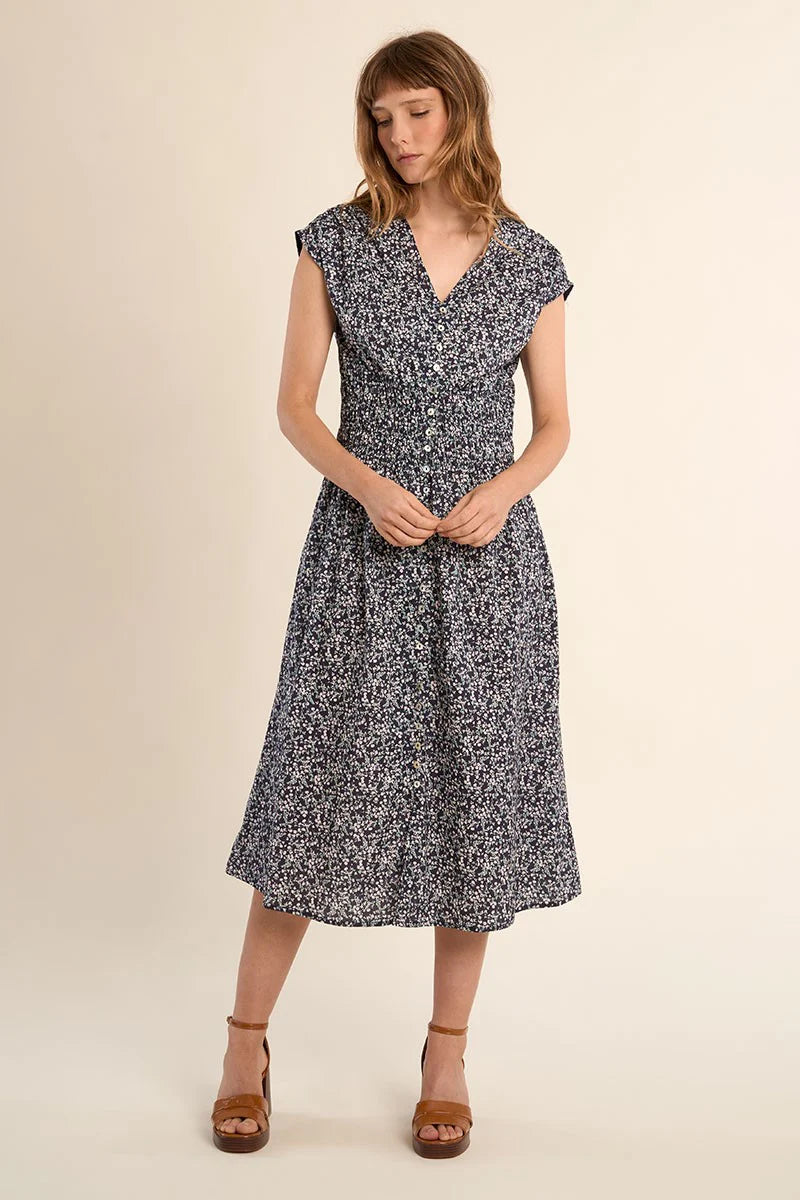 MIDI FLORAL DAISY DRESS-NAVY-MOLLY BRACKEN