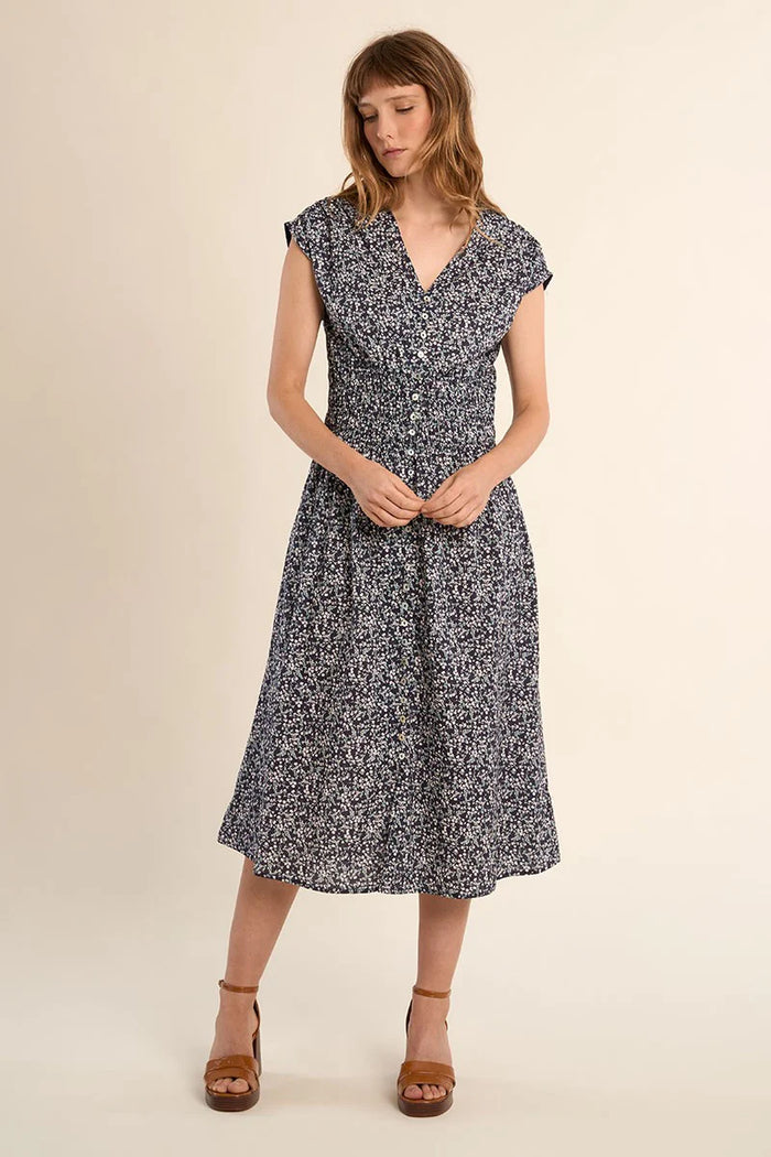 MIDI FLORAL DAISY DRESS-NAVY-MOLLY BRACKEN