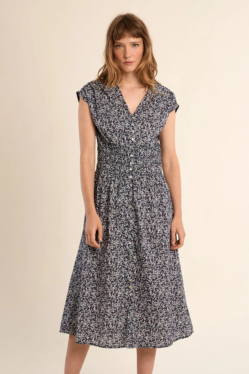MIDI FLORAL DAISY DRESS-NAVY-MOLLY BRACKEN