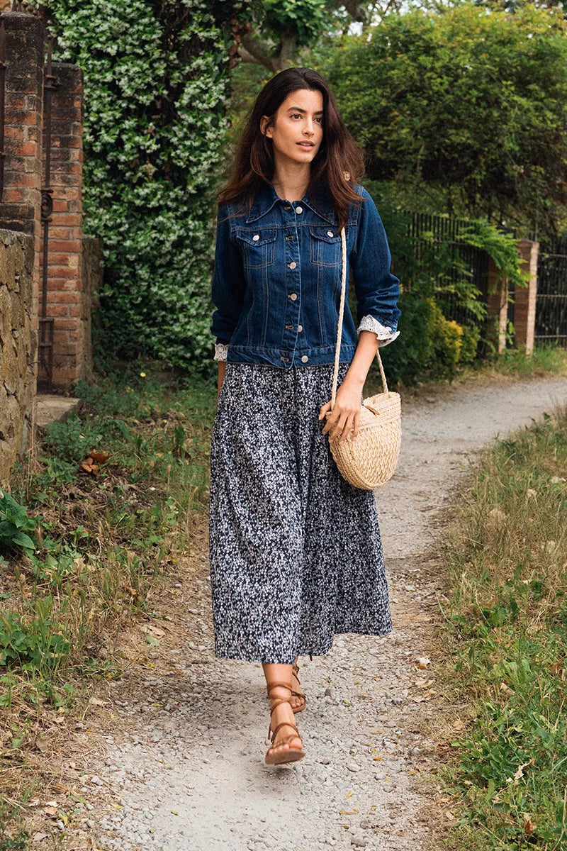 MIDI FLORAL DAISY DRESS-NAVY-MOLLY BRACKEN