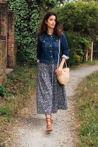 MIDI FLORAL DAISY DRESS-NAVY-MOLLY BRACKEN